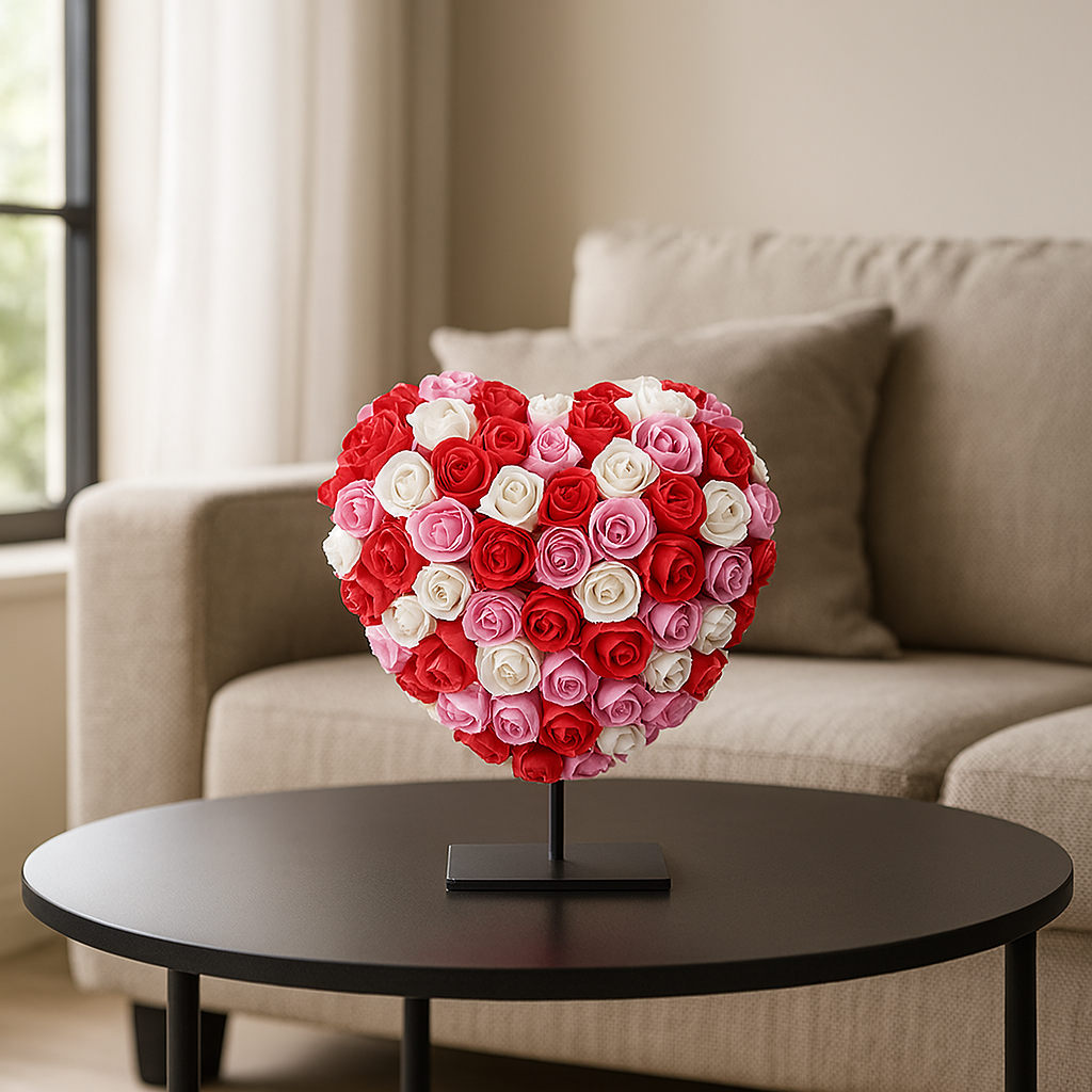 Herz DELUXE auf Ständer 15 cm – Gemischter roter, rosa und weißer Schaum – in luxuriöser Geschenkverpackung 15 cm