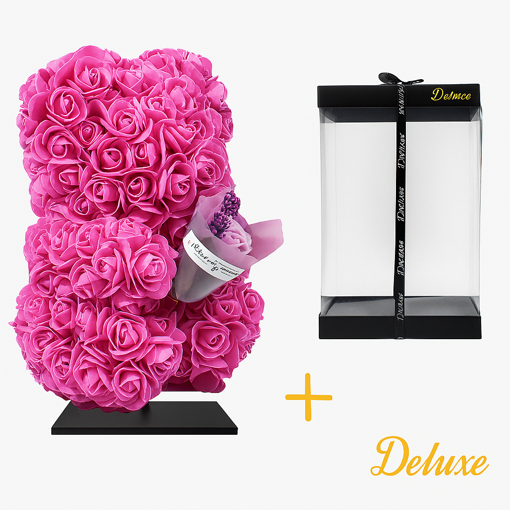 Beer DELUXE auf Ständer 25 cm – Fuchsia Schaumstoff mit Blumenstrauß – in luxuriöser Geschenkverpackung 25 cm
