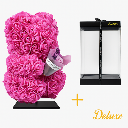 Beer DELUXE auf Ständer 25 cm – Fuchsia Schaumstoff mit Blumenstrauß – in luxuriöser Geschenkverpackung 25 cm